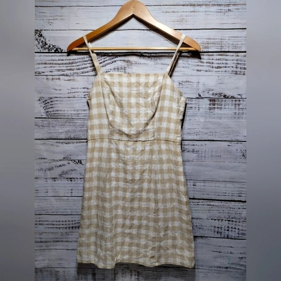 Midnight Doll Mini Sundress Tan White Size Small Gingham Checkered - Picture 6 of 6